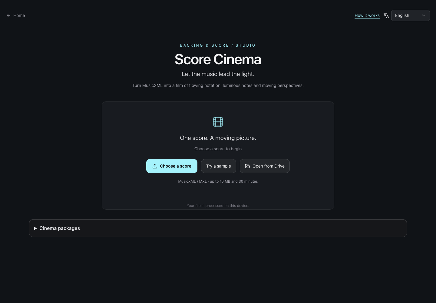 Màn hình bắt đầu Cinema có nút Choose a score, Try a sample và Open from Drive bên dưới phần giới thiệu.
