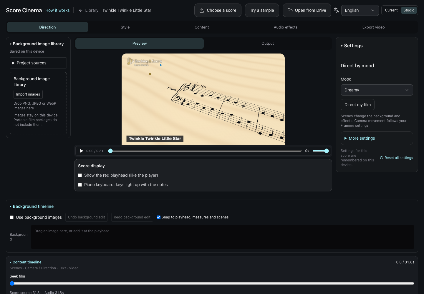 Bố cục Studio có tab phía trên, preview ở giữa, thư viện ảnh bên trái, inspector bên phải và timeline phía dưới.