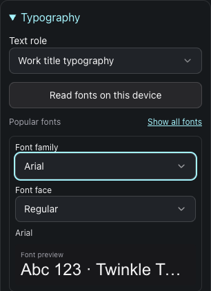 Inspector Typography có chọn vai trò chữ, nút đọc font, danh sách Popular/All, chọn family/face và mẫu chữ hiển thị.