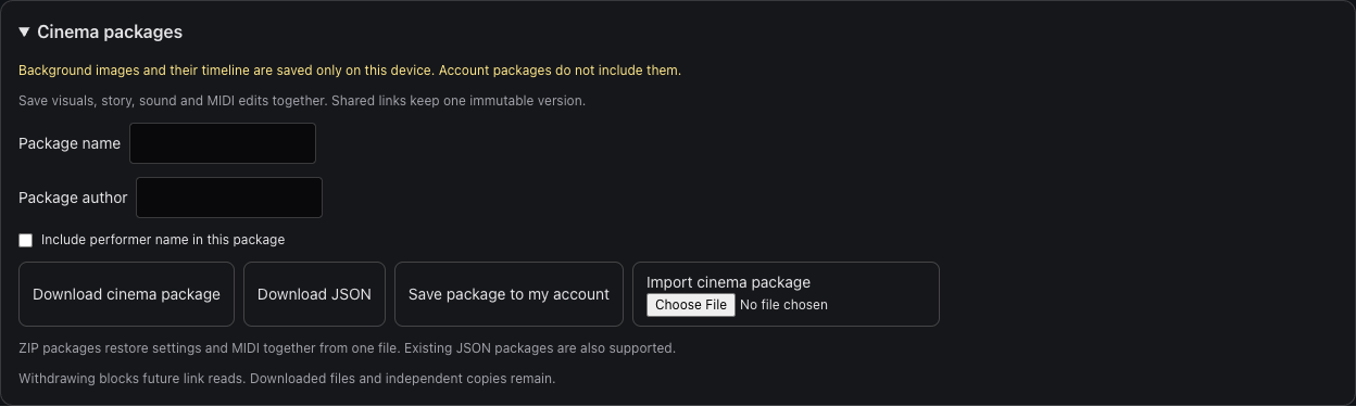 Panel Cinema packages có control nhập/tải package portable và thông tin ảnh nền local không đi theo package.